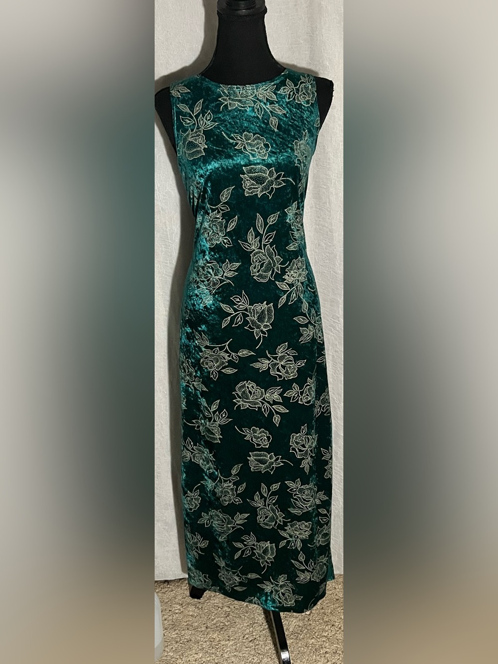 Green velvet floral maxi dress